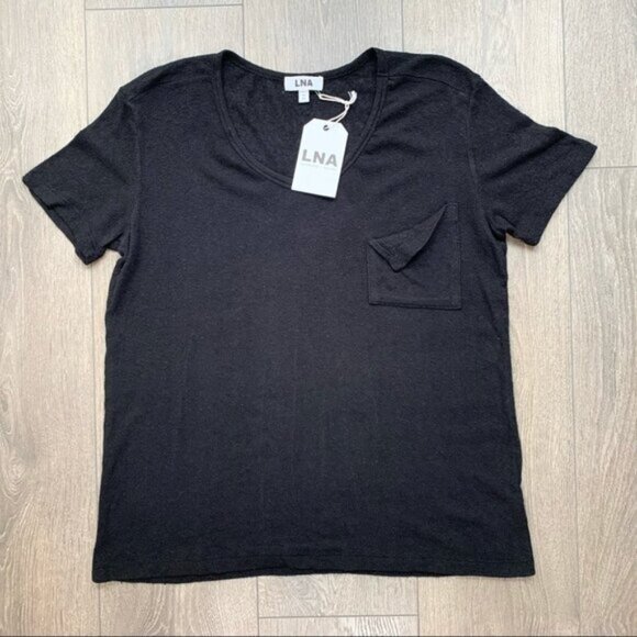 LNA Short Sleeve Torn Pocket Tee Oversized T-Shirt Scoop Neck Black Size XS - Picture 2 of 13